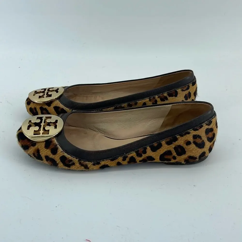 Tory Burch Reva calf skin leather leopard print slip on ballet flat shoes sz 6.5